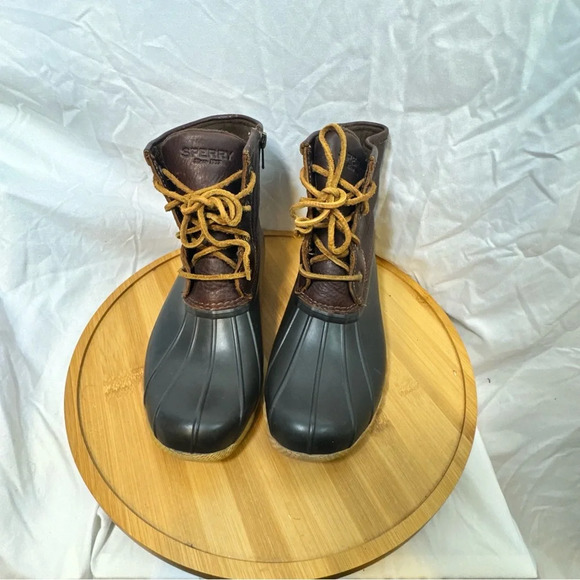Women's 6.5 Sperry Leather Brown Black Rain Snow Boot, Classic Duck Boots Rubber - Picture 5 of 6